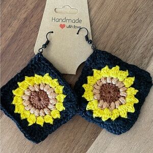 Handmade Crochet Sunflower Granny Square Earrings,Lightweight,Cotton Thread